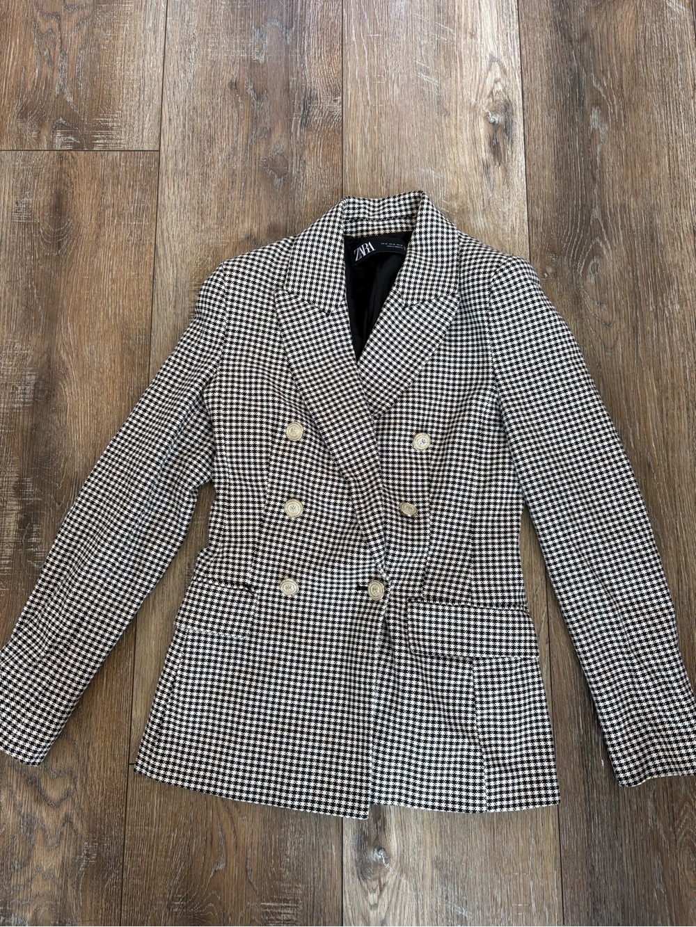 Zara Black and White Houndstooth Double-Breasted Blazer XS